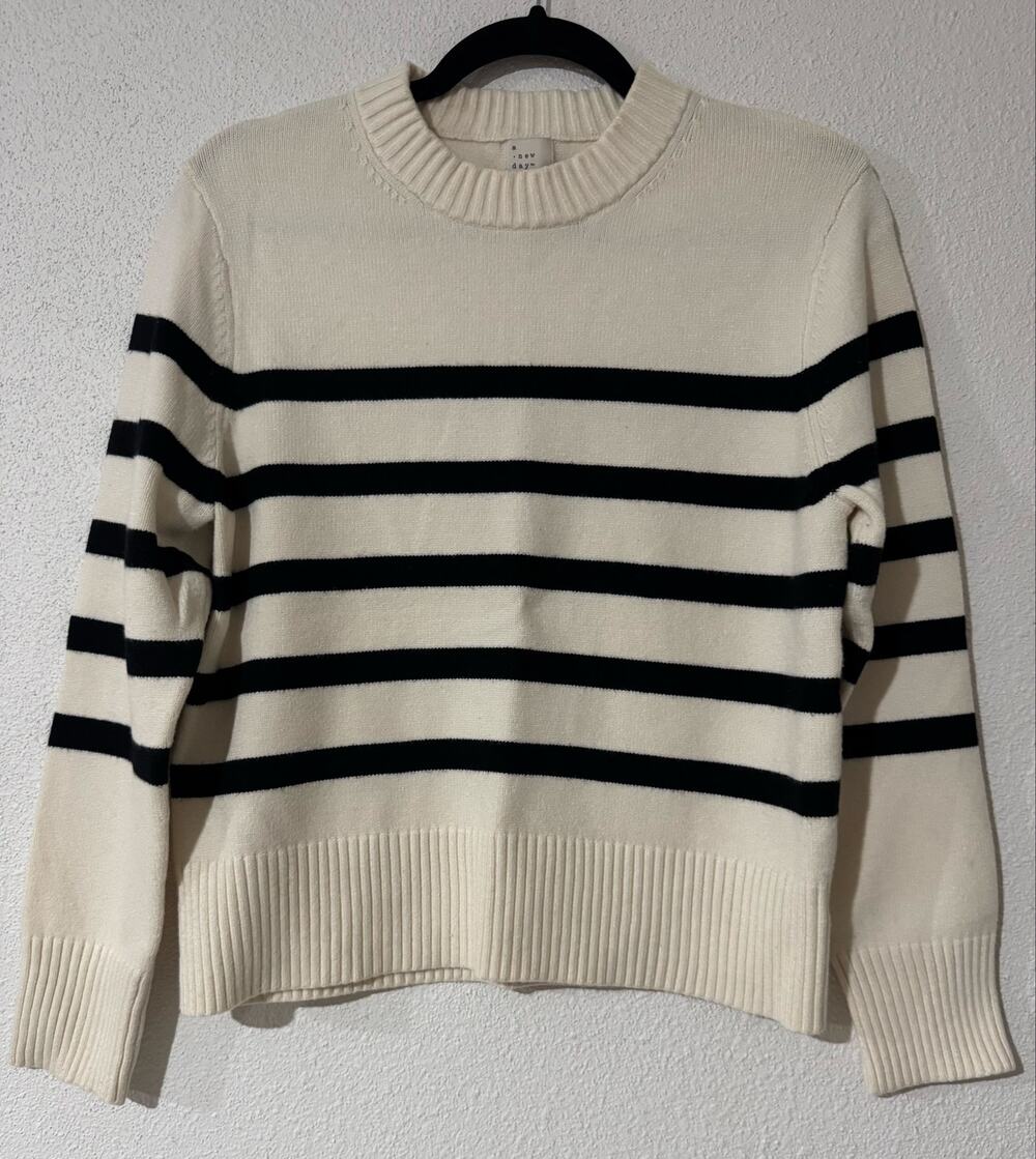 A New Day Striped Crewneck Pullover Knit Sweater Cream Black Size S Preppy Chic